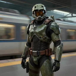 master chief waiting for a train at a train station, cyberpunk art by tomer hanuka, cgsociety, photorealism, matte drawing, digital illustration, digital painting
