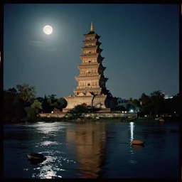 kodak portra 4 0 0 photographic and realistic, ancien asia tower, night, moonlight, detailed, octane render, unreal engine, 4 k, artstation, hyper realistic, wide angle, floor flooded, how a river, objects that float, 3 5 mm, sharp focus, soft light, volumetric light, in the style of gregory crewdson