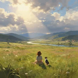 a cinematic landscape view looking at an open field, a girl sits in the field looking at the sky with a dog next to her, mountains in the distance with a river running down, the sun shines through the parted clouds, digital painting, fantasy, art by alexandre mahboubi and christophe oliver
