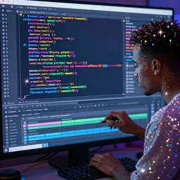 vaporwave, coding, editing code, sparkles, glitter, hawaii, shine, glimmer, by jeremy mann and scott uminga, led light, highly detailed and intricate, hdr, hyper detailed, insane details, intricate, elite, ornate, elegant, luxury, psychedelic, sharp focus, unreal engine, trending on artstation, octane, trending on deviantart