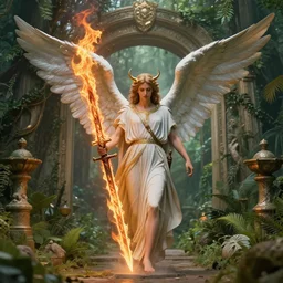 an awe inspiring photo of a biblically accurate seraphim, holding a giant, rotatingz flaming sword, guarding the entrance to garden of eden.