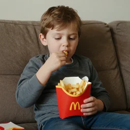 a potato sat on a sofa eating a box of fries