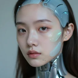 soft focus close up portrait of an android with soft synthetic skin, bioluminescent plastics, smooth shiny metal plates, piercings, by annie liebovotz,