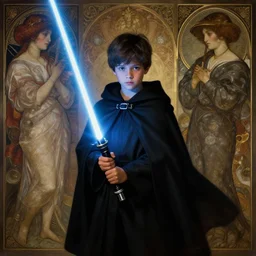 perfectly - centered - portrait of a kid wearing black cloak holding light saber, intricate, highly detailed, digital painting, artstation, concept art, smooth, sharp focus, illustration, unreal engine 5, 8 k, art by artgerm and greg rutkowski and alphonse mucha and sam spratt