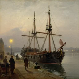 a beautiful painting of the docks of london during the 18th century, a large clipper anchored at the wharf, foggy evening, warm streetlights, by john atkinson grimshaw