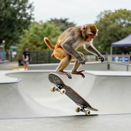 a monkey jumping with a skateboard in a skatepark