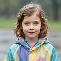 a head and shoulders portrait photograph of a very cute seven year old girl with short wavy curly light brown hair and blue eyes wearing a colorful raincoat in the rain. high quality professional photo
