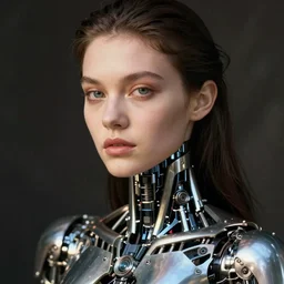 close - up portrait of beautiful young woman with cybernetic dress, art by bill henson photography