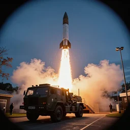 a rocket is being launched from a military vehicle in canterbury high street, a stock photo by peter snow, shutterstock contest winner, video art, wide lens, anamorphic lens flare, stock photo, 1 9 4 5, ww 2
