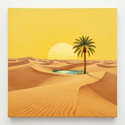 a highly detailed painting of desert sand dunes with an oasis, palm tree, setting sun, yellow color scheme, art by artgerm, karol bak and mark brooks, centered, symmetrical, aesthetically pleasing