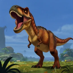 Film screenshot of the original Jurassic Park movie by Disney Animation Studios, a singular T-Rex is roaring, cel shading, by Andy Gaskill and Rob Minkoff and Walt Disney.