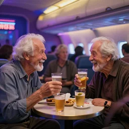 old people in a nightclub, airplane background, 4k
