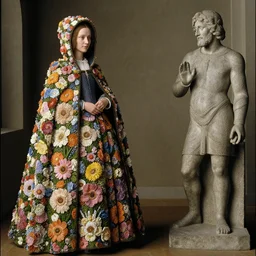 a woman wearing a hooded cloak made of flowers, standing next to a man made of stone, by Jan van Eyck