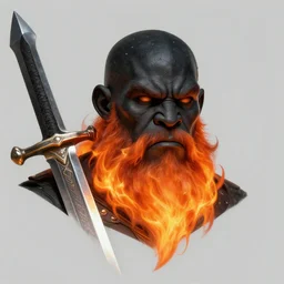 head and shoulders portrait of a black helmed fire giant with a beard of fire and a giant sword, d & d, fantasy, greg rutkowski, frank frazetta, alexandre chaudret, boris vallejo, michael whelan, miro petrov, hr giger, magali villeneuve, donato giancola
