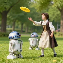 detailed, sharp, a boy and a girl playing frisbee with two humanoid droids, wearing 1850s era clothes, in a park on an alien planet, extremely highly detailed,  highly detailed faces, 70 mm film still from a period sci fi color movie, 4k, HD, good lighting