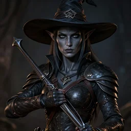 a portrait, female drow elf, dark grey skin, serious face, with hand crossbow, wearing a witch hat, hunter, slick leather armor, style by donato giancola, wayne reynolds, jeff easley dramatic light, high detail, cinematic lighting, artstation, dungeons and dragons