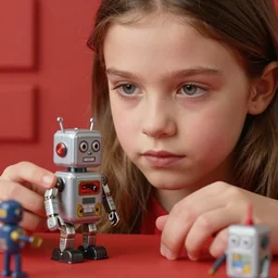 closeup face portrait of a tin toy young girl playing with a tin toy robot, nicoletta ceccoli, mark ryden, lostfish, max fleischer, depth of field, detailed and intricate red square environment, 8 k resolution, hyperrealistic, octane render
