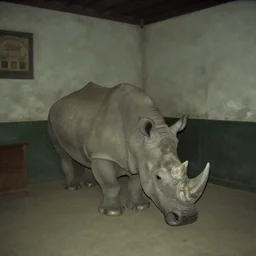 a rhinoceros in a stalinist style room, by mini dv camera, very very low quality, heavy grain, very blurry, accidental flash, caught on trail cam