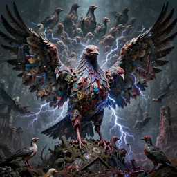 horrifying mutant bird made of electricity fused with thousands of birds, thousand heads, mutilated, horror, blood, heavy damage, post apocalyptic, dystopian surrealism, patchwork of colours, zdzisław beksinski, sad atmosphere, volumetric light, style giger, alex ries, symmetry accurate features, symmetry accurate features, very intricate details, high resolution, intricate