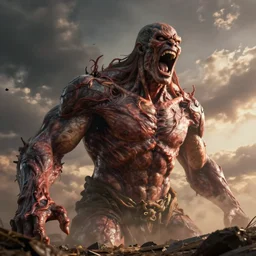 a giant yelling titan in the distance, made of flesh and muscles, photograph, ambient lighting, picture, photo, cinematic lighting, terror, horror, scary, photography