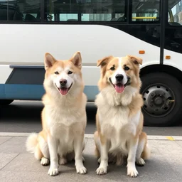 a photo of two dogs sitting in front of the bus