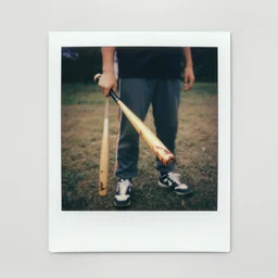 a polaroid photograph of a person standing in the middle of the picture holding a bloodied baseball bat
