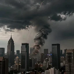 multiple tornadoes touching down in large metropolises, destroying multiple sky scrapers. Muted, dark colors, dark, dreary, cinematic lighting, haunting.