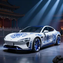 porcelain futuristic car with chinese ming decorations, white and deep blue, hyperrealistic, bejing by night, lightbeams, dramatic light, 3 d render, unreal engine