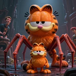 a giant evil garfield with spider legs, lovecraftian horror by jim davis, greg rutkowski, stanley artgerm lau and jason chan, highly detailed, cinematic lighting, octane render, unreal engine lumen, very coherent. cinematic, hyper realism, high detail, octane render, 8 k