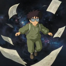 a shaggy black haired teen! with glasses and an olive colored hoodie floating in the middle of the cosmos with papers floating around him by studio ghibli!!!, full body!!!, studio ghibli movie frame, dark lighting