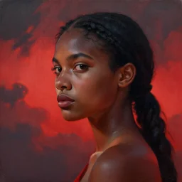 a painting of a lantina girl by Lynette Yiadom-Boakye . details, smooth, sharp focus, illustration, realistic, cinematic, artstation, award winning, rgb , unreal engine, octane render, cinematic light, macro, depth of field, blur, red light and clouds from the back, highly detailed epic cinematic concept art CG render made in Maya, Blender and Photoshop, octane render, excellent composition, dynamic dramatic cinematic lighting, aesthetic, very inspirational, arthouse.