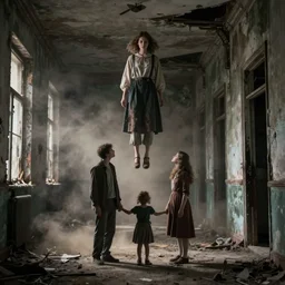 8 k, octane render. a girl floats above her family in a dark disturbing abandoned hall in cynobyl. dramatic lighting and dust in the air