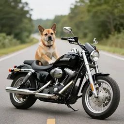 dog on a as Harley Davidson on the road, funny picture