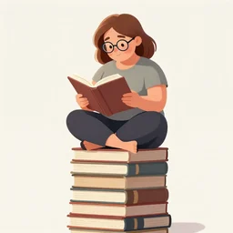a chubby woman with light brown hair and glasses sits cross legged on top of a tall pile of books. she is reading. clean pretty cartoon painting, beautiful detailed face.