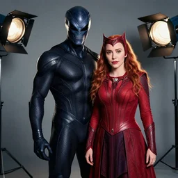 Marvel Comic’s impossible man alien imp poses with Elizabeth Olsen dressed as the scarlet witch, photographed in the style of Annie Leibovitz, Studio Lighting