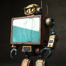 a cyberpunk destroyed broken rusty robot with a big screen as his body