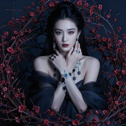 photography of the asian queen sitting in the flower thorn, beautiful face, masterpiece costume, jewellery, high quality, elegant, emotionally touching, cool, deep gaze, mystery, tenderness, david lachapelle style