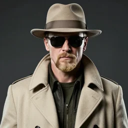 blonde Viktor Reznov from Call of Duty: World at War portrait with a beige coat, a blonde goatee, short hair, beige fedora, and sunglasses, photorealistic, dramatic lighting