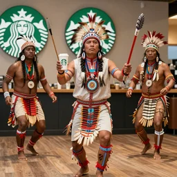 a tribal indian ritual in a Starbucks