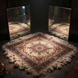 magic fluffy Persian carpet & mirror dimension, by Greg Rutkowski and Gaston Bussiere, dim lighting, beautiful volumetric-lighting-style atmosphere, surreal atmosphere, intricate, detailed, photorealistic imagery, artstation