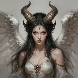 portrait of a girl evil angel, the big horns, d & d, fantasy, intricate, elegant, highly detailed, digital painting, artstation, concept art, smooth, sharp focus, illustration, art by artgerm and greg rutkowski and peter mohrbacher & greg rutkowski & alexandros pyromallis & nekro & rene maritte
