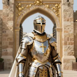 man looking forward in decorated with gold baroque style christian crusader armor, cylindrical helmet covering all his face decorated with golden cross on front it's front and white cape covering most of his body standing at the gates of jerusalem drawn by greg rutkowski realistic high detail