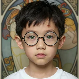 portrait of a small, skinny 1 7 - year - old boy with a thin face, black hair, green eyes, round shape glasses, thin scar on his forehead, wearing white shirt, potter, hyper realistic face, beautiful eyes, close up, fantasy art, in the style of greg rutkowski, intricate, alphonse mucha, hyper detailed, smooth