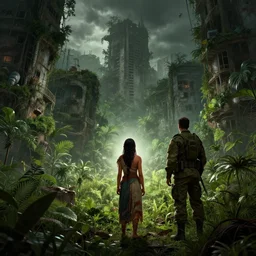 a tribal woman and a soldier discovering a post apocalyptic city overgrown with lush vegetation, by Luis Royo, by Greg Rutkowski, dark, gritty, intricate, backlit, strong rimlight, cover illustration, concept art, volumetric lighting, volumetric atmosphere, sharp focus, octane render, trending on artstation, 8k