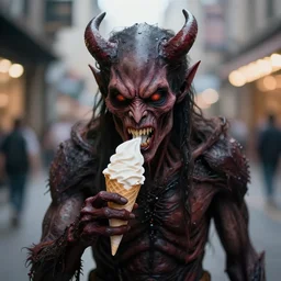 high quality presentation photo of an inhuman demonic entity eating icecream, photography 4k, f1.8 anamorphic, bokeh, 4k, Canon, Nikon
