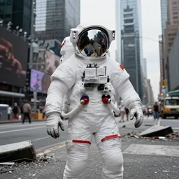 american spacesuit astronaut in postapocalyptic abandoned times square, overcast, by steve mccurry, by oleg oprisco, by thomas peschak, by nasal, by victor enrich, by gregory crewdson