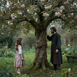 ! dream a man has become an apple tree in a secret garden. a girl holds a key. folk horror. fine detail