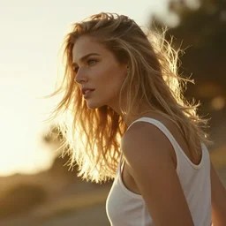 cinematic, golden hour, backlit, over the shoulder photograph of a beautiful blonde woman in a white tank top, looking into the distance, windy, bokeh, tilted angle, iphone 5 photo