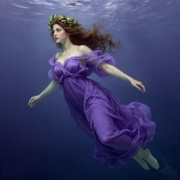 body portrait of beautiful roman young pincess wearing a floor length purple robe, crown of laurel on her head, underwater photography full body portrait of a young beautiful woman swimming low angle by terry o'neill intricate, elegant, highly detailed, digital painting, artstation, concept art, smooth, sharp focus, illustration, art by artgerm and greg rutkowski and alphonse mucha, 8 k