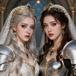 wedding picture of cryomancer and paladin, high fantasy, colorful, lesbians, highly detailed faces, high details, ornamental, exquisite, sharp focus, by rossdraws